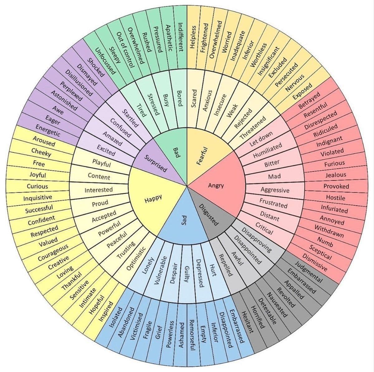A color wheel-like diagram showing a range of human emotions and their corresponding states.